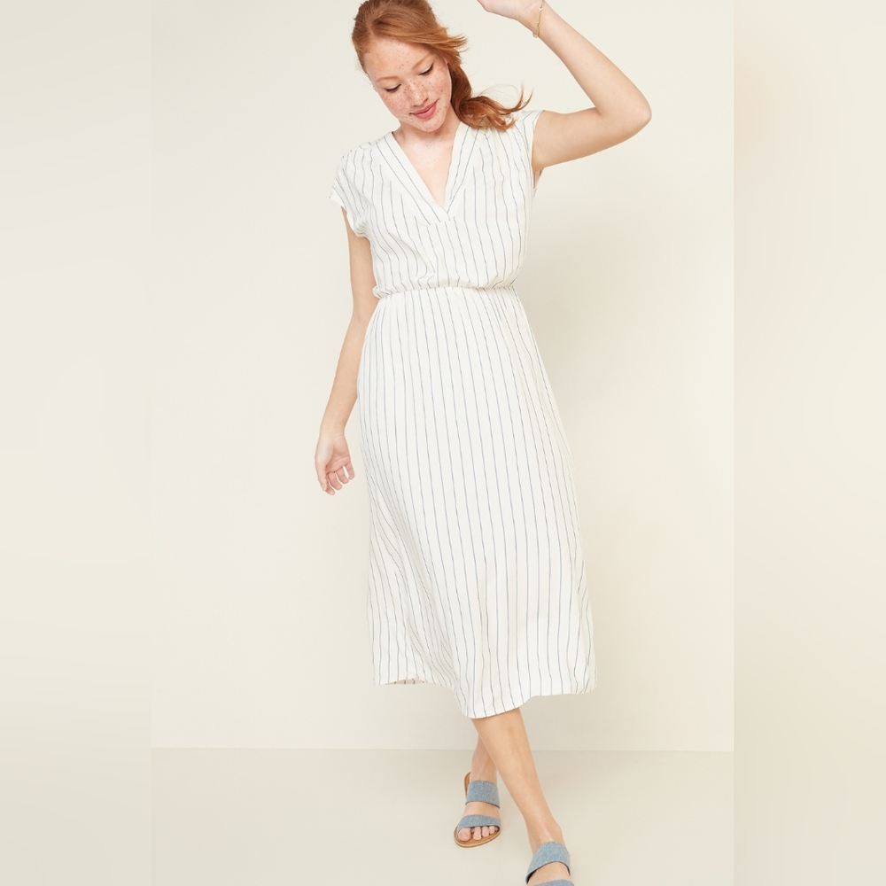 Waist-Defined Striped V-Neck Midi Dress Women's Off-White & Blue Stripe Tall Sm